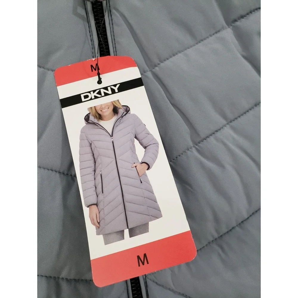 NEW DKNY Women's Long‎ Puffer Jacket Size Medium Grey Coat Light Hooded - Picture 2 of 5